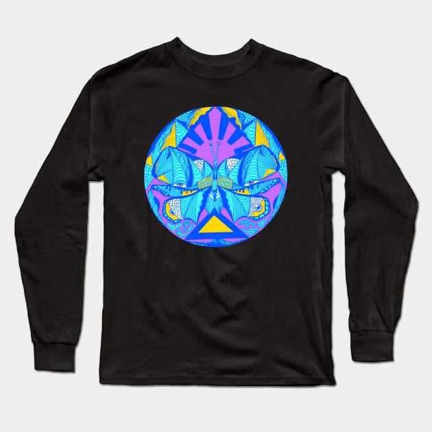 Neon Blue Sunrise Abstract Butterfly Long Sleeve T-Shirt by kenallouis